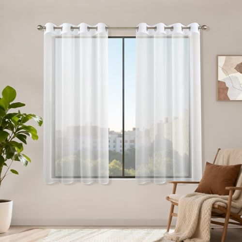 Runyéla Rideaux Voilages Blancs 140x145, Lot de 2 Voilage Fenêtre Rideau Court Transparent à Oeillet, Moderne Décoration Intérieure pour Salon Chambre Cuisine Baie Vitrée, Filtrage de Lumière