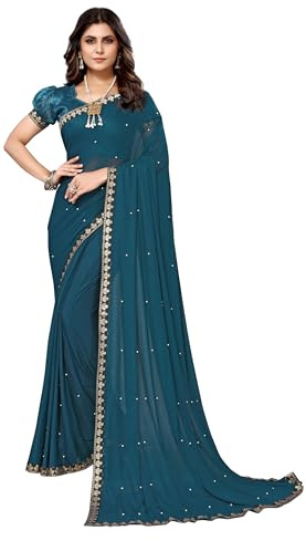 IMTRA FASHION Sari För Kvinnor, Indisk Etnisk Sari Med Osydd Blus - Grön