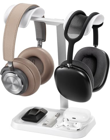 QinCoon Doppio supporto per cuffie, doppio bilanciato supporto per cuffie per scrivania (bianco)