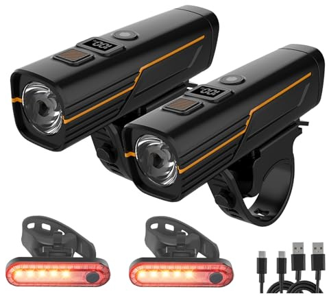 EBUYFIRE Cykellampor med ljussensor och digital display, uppladdningsbara LED-cykellampor, superljus fram och bak ljus - cykelpannlampa, bakljus (2)