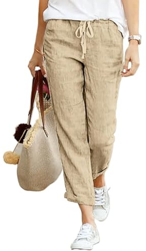 Cegerne Pantalón de Lino Mujer 7/8 Verano Ligero y Transpirable Cintura Elástica con Bolsillos Suelto para Playa Vacaciones y Diario