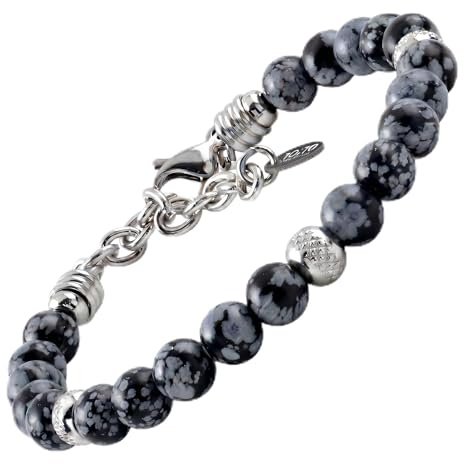 10:10 Bracciale con pietre naturali ossidiana da 6 mm, beads in acciaio inox, bracciale molto resistente prodotto in Italia