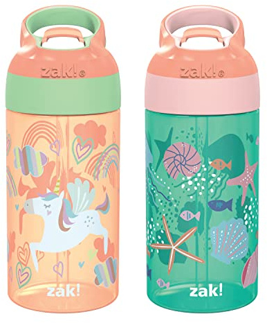 Zak Designs 16oz Riverside Kids Water Bottle with Spout Cover and Built-in Carrying Loop, Made of Durable Plastic, Leak-Proof Water Bottle Design for Travel (Unicorn & Shells, Pack of 2)