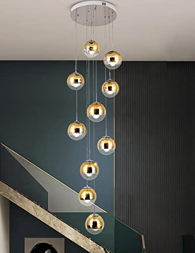 Kinbolas Pendelleuchte Treppenhaus 10 Glas Kugel LED Moderne Pendellampe Hängeleuchte Höhenverstellbar Kronleuchter Für Wohzimmer Esstisch,Treppe,Flur,Schlafzimmer Deckenleuchte Hängelampe,Gold