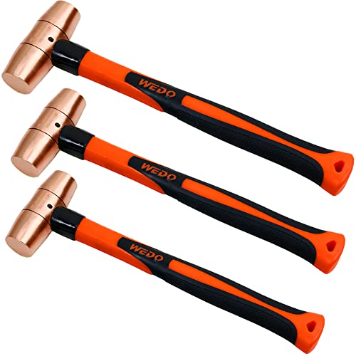 WEDO Copper Hammer Set 3PCS, 1/2lb+1lb+2lb, Solid Copper Mallet Hammer, Sledge Hammer Kit, Fiberglass Handle, Die-Forged, Corrosion Resistant, DIN Standard