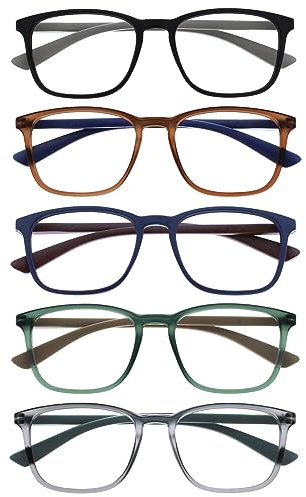 OPULIZE Max Gafas de Lectura - Pack de 5 - Marco Rectangular Clásico Grande - Negro Mate Marrón Azul Verde Gris - Unisex Hombres Mujeres - Bisagras de Resorte - RRRRR78-12367 - +3.00