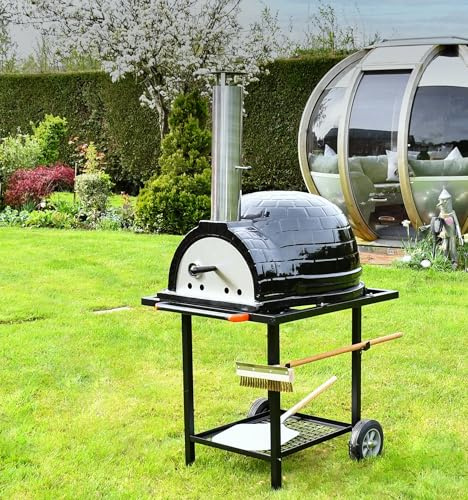 Sac Kamado Ceramic Pizza Oven with Steel Cart, 66 cm Diameter, Stainless Steel Chimney and Window, Bakelite Handle, TPR Wheels, Including Brush and Shovel, Portable, Black