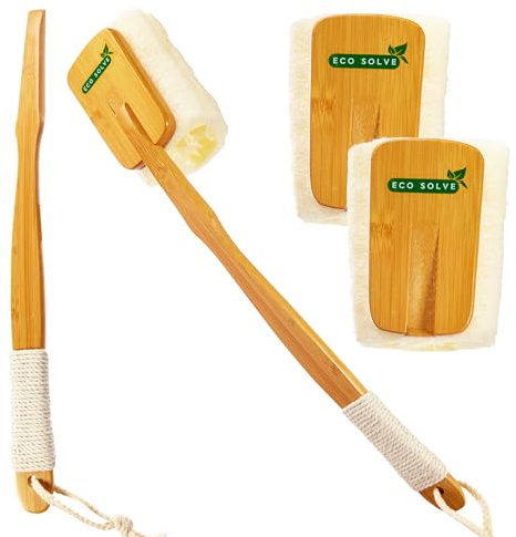 Eco Solve Natural Loofah Shower Scrubber w/Removable Bamboo Handle, Gentle Exfoliation, Long-Ergonomic Handle w/Hemp Rope Grip, Extra Loofah Included for Close Washing, Plastic-Free, Eco-Friendly