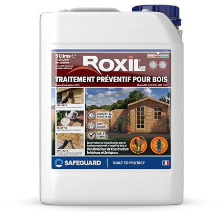 Roxil Lasure Préventive Bois 5L – Incolore - Intérieur & Extérieur – Contre Insectes Xylophages & Pourriture – Apprêt Prêt à l’Emploi