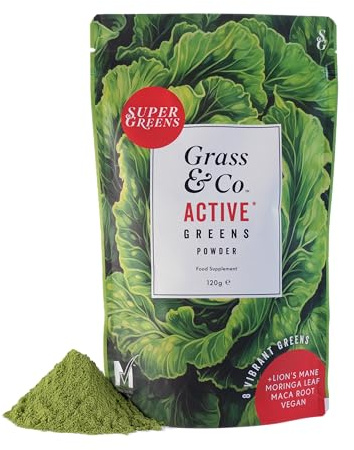 Grass & Co. Active Super Greens | Vegan Daily Greens Powder | 120g | Supports Energy, Digestion & Immunity | with Lion’s Mane, Moringa & Vitamins C, K2 & D3 | Apple & Ginger Flavour | 30 Day Supply