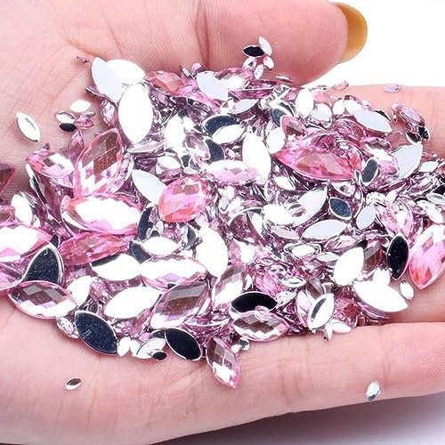 Lot de 50 strass à dos plat en acrylique - Plusieurs tailles - Marquise - Facettes de terre - Perles à coller sur robe - Bijoux et ongles - 02 doré - 6 x 12 mm - 50 pièces 03 - Rose clair - 6 x 12 mm