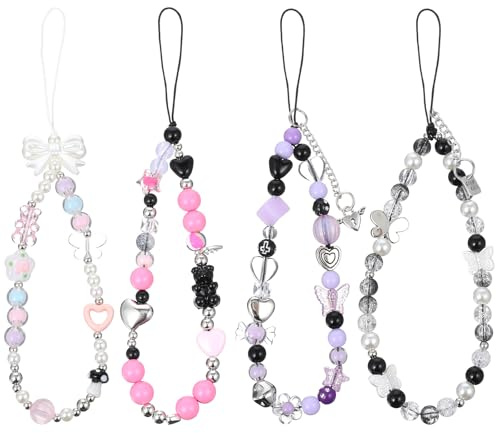 Lot de 4 bracelets téléphones breloques anti-perte - Chaînes jolies pour portable, porte-clés décoratif sac-main, sac-dos, portefeuille (violet, rose, noir)