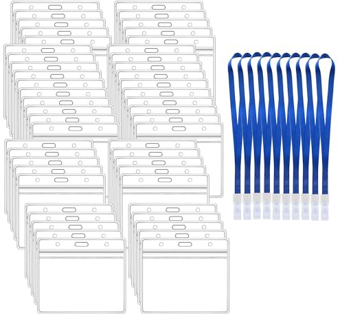 HUAZIZ Paquete de 50 portatarjetas impermeables (10 cm x 9 cm), transparentes de PVC, funda horizontal con 10 cordones azules para tarjetas de presentación