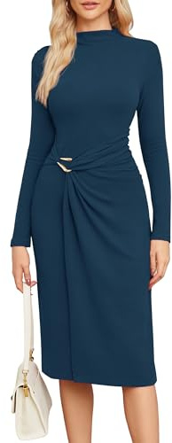 Newshows Jumper Dress for Women UK Long Sleeve Mock Neck Elegant Bodycon Pleated Winter Autumn Maxi Dresses -M Navy Blue