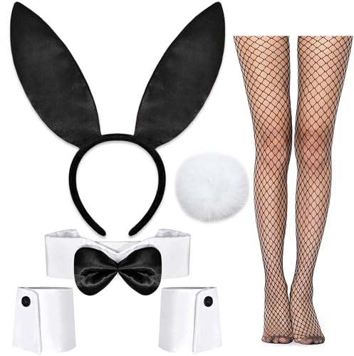 QIZHIQIAMY Conjunto de Accesorio de Conejito, Orejas Conejo Disfraz, Disfraz Conejita Sexy con Orejas de Conejo, Collar, Puños, Cola de Conejito, Medias Rejilla para Halloween, Carnaval, Pascua (A)