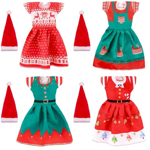 Vestido de Navidad para Muñecas, Conjunto de 4 Ropa de Navidad para Muñeca, Ropas de Muñeca Elfas, Ropa y Accesorios para Muñecas, Regalos de Cumpleaños y Navidads