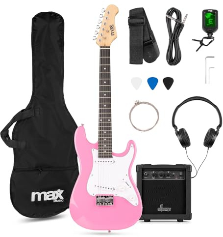 MAX GigKit Junior 3/4 – Guitarra eléctrica infantil con amplificador, funda, afinador, púas y accesorios – kit guitarra y amplificador ideal para niños y niñas de 8 a 12 años – color rosa