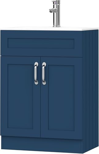 BELOFAY 600mm Floor Standing Bathroom Vanity Unit With Basin - Slim Waterproof Laquered Cloakroom Vanity Unit with 1 Tap Hole Ceramic Basin & Waste Included (Crawley Blue)