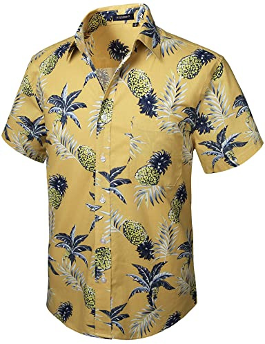 HISDERN Men Funky Hawaiian Pineapple Shirts Short Sleeve Front Pocket Holiday Summer Aloha Printed Beach Casual Yellow Hawaii Shirt S