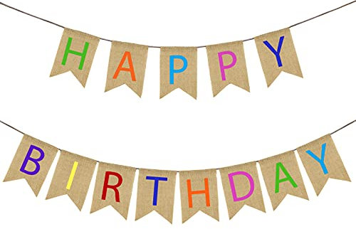 Sackleinen Banner Geburtstags-Banner mit Aufschrift Happy Birthday Rustikale Jute-Banner Schwalbenschwanz Flagge Bunte Wimpelkette Girlande für Geburtstag Party Dekoration