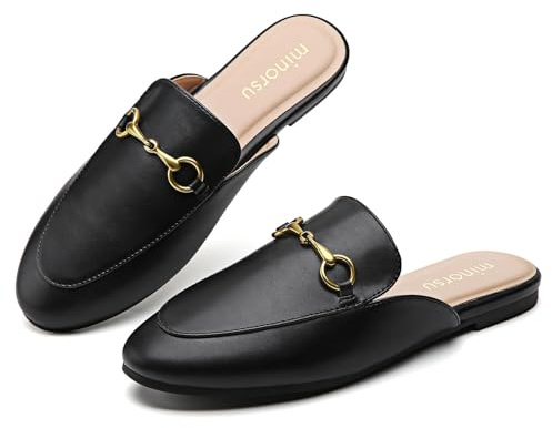 Minorsu Buckle Mules for Women Round Toe Backless Flat Mules Slides Mules Shoes Ladies Slip-on Loafers