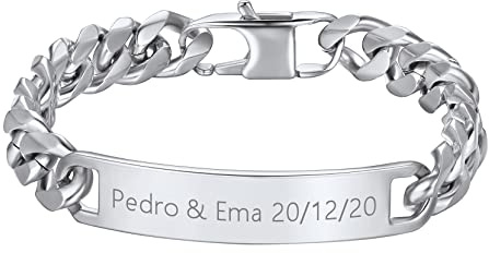 Richsteel Pulsera Esclava de Identidad con Etiqueta para Pareja Enamorados, Pulsera de Cadenas Cubanas de Acero Inoxidable color Plata, 10mm ancho 21cm Largo