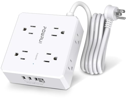 Surge Protector Power Strip - 6 Ft Flat Plug Extension Cord with 8 Widely Outlets and 4 USB Ports(1 USB C), 3 Side Outlet Extender for Home Office, White, ETL Listed