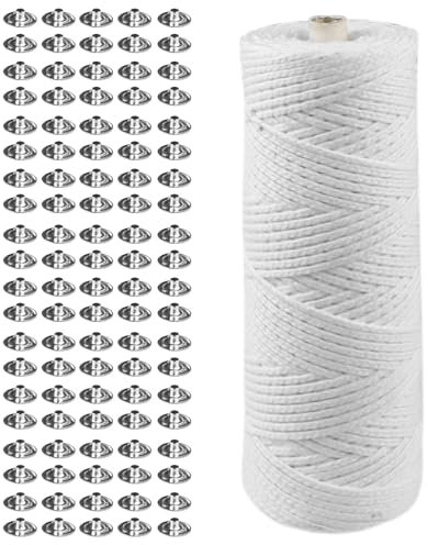 Kerzendochte für Kerzen, 1 Rolle 100m Geflochtene Dochte mit 100 Stück Kerzendochthalter für Kerzen Flachdocht aus Baumwolle für DIY Kerzenherstellung, dochte für Kerzen, dochte für Kerzen gießen