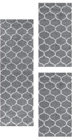 Carpetsale24 Bettumrandung Schlafzimmer 3 teilig Shaggy Hochflor Teppich Grau Bettvorleger Schlafzimmer Bettset: 2 St. 80x150 cm | 1 St. 80x250 cm - Flauschiger Teppich Läufer Set Skandinavisch