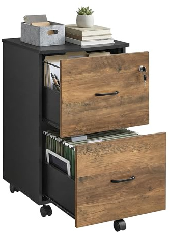 VASAGLE 2-Drawer Lockable File Cabinet for Home Office, Rolling File Cabinet, Printer Stand, A4, Letter-Size Hanging Files, Assembly Required, Honey Brown and Ink Black CUSTOS Collection - LCD027KB02