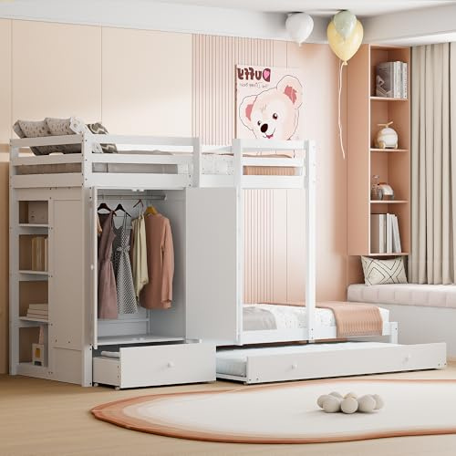 Dalred Letto a castello in legno massello 90x200 con letto estraibile, lettino multifunzionale con armadio, cassetti e vano portaoggetti (bianco)