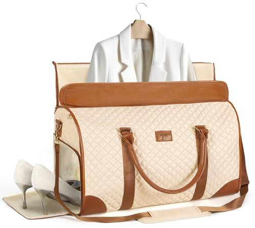 Tonyeee 3-in-1 Kleidersack Reisetasche Damen, Umwandelbare Weekender Handgepäck Tasche mit Schuhfach & Schultergurt, Faltbare wasserdichte Reisetasche aus PU Leder für Business & Reise Beige