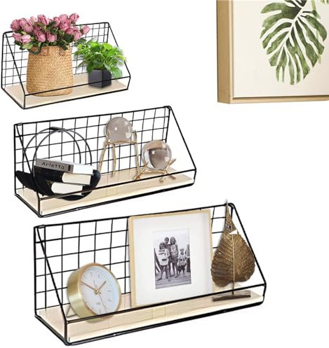 Gemsaya 3er-Set Wandregal Metall und Holz mit Querlatte, Schweberegal Wanddeko Hängeregal, Schwarz Gitter Regal Gewürzständer für Badezimmer, Schaustück, Wohnzimmer, Schlafzimmer, Küche