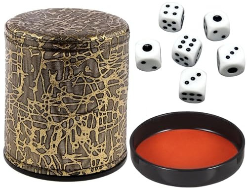 TMRBBesty Würfelbecher Set, Leder Würfelbecher mit Deckel, 6 Würfeln, Goldenes Texturmuster, Dämpfen Innenseite Filz für Unterhaltungsspiele, Bar, Puzzles, Spielzubehör