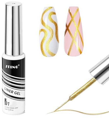 Gel Liner Nail Art Polish - 12ml Glitter Gold Liner Painted Gel - Metallic Chrome Gel Nail Polish - Shiny Liner UV Gel Nail Polish Build in Thin Brush for Home Salon Diy Nail Decoration