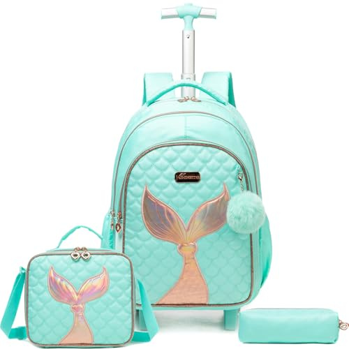 Egchescebo Kids Rolling Backpack for Girls Trolley Suitcases Luggage Travel with Wheels Bookbag Wheeled 17 3PCS Roller Backpacks Toddler Back Pack School Bags Set for Elementary Mermaids Green