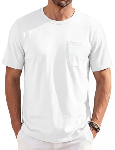 TACVASEN White T Shirt Men Short Sleeved Crew Neck Shirts Casual Breathable UPF 50+ Sun Protection Cotton Tops White,2XL