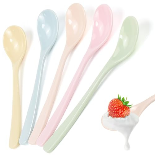 FuxFuis 5 PCS Cuilleres Réutilisable Petite Cuillère Colorée Cuillère à Dessert Longue Cuillères à Confiture Cuillères à Soupe Cuillere à Café pour Yaourt, Salade, Glaces (5 Couleurs)