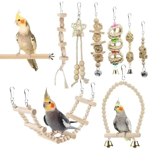 9 Pack Bird Parrot Swing Toys, Chewing Standing Hanging Perch Hammock Climbing Ladder Bird Cage Toys for Budgerigar, Parakeet, Conure, Cockatiel, Mynah, Love Birds, Finches and Small to Medium Birds
