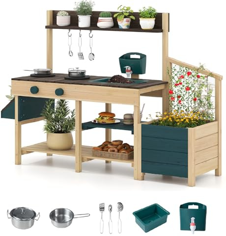 INFANS Mud Kitchen, Kids Outdoor Wooden Kitchen Play Set with Planter Box Storage Case Removable Sink Faucet Stoves Toddler Backyard Garden Pretend Cooking Toys for Boys Girls Ages 3+ (Dark Green)