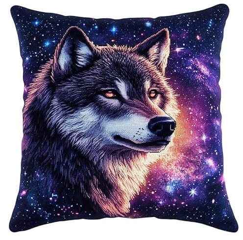 AMBATTERY Knüpfkissen zum Selber Knüpfen Tier Wolf Knüpfkissen Set mit Knüpfhaken und Toolkit zum Selber Knüpfen Kissens, DIY Kissen Dekokissen, 43x43cm