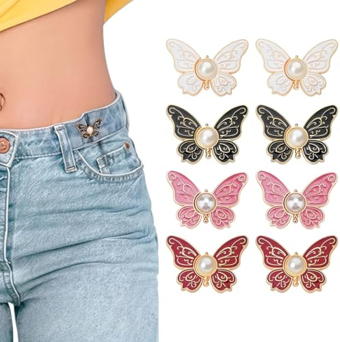 JYNXOR 8 Paires Boutons pour Jeans (Papillon) - 4 Magiciens Pince à Pantalon, Ajustement Sans Couture, Ceinture Réglable pour Pantalons Trop Larges