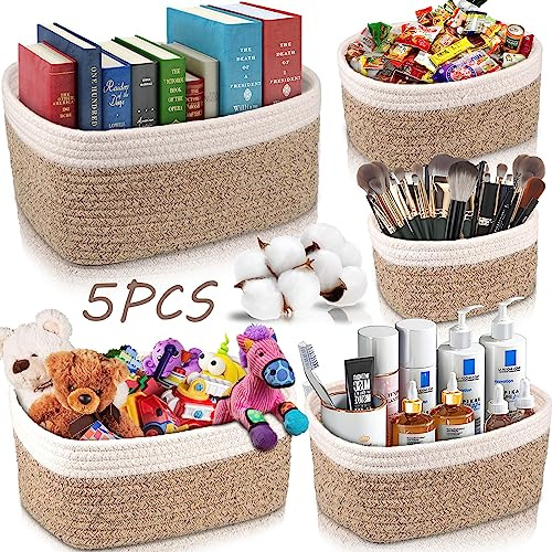FAMKEEP 5 Piezas Cestas Almacenaje de Cuerda de Algodón,Juego de Cajas de almacenaje,Cestas Pequeñas para Organización y Almacenaje Para Dormitorio, Baño, Cocina, Armario, Juguetes, Maquillaje