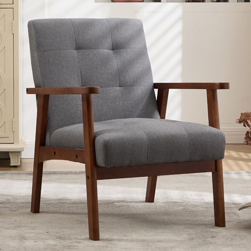 EBELLO Mid Century Accent Chair, Solid Wood Frame Lounge Chair with High-Resilience Thick Cushion, Upholstered Linen Fabric Armchair with Tufted Back for Living Room, Bedroom, Study, Light Grey