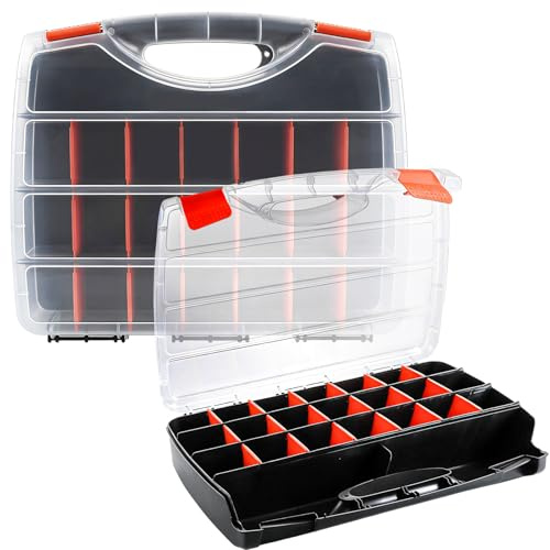 Ghligna Lot de 2 Malette Rangement, 38x31x6.8cm Boite Rangement Vis, Boîtes à Outils avec Séparateurs Amovibles, Couvercle Transparent, Empilable, Boite a Vis pour Clous, Boulons, Vis, Perles, Travaux