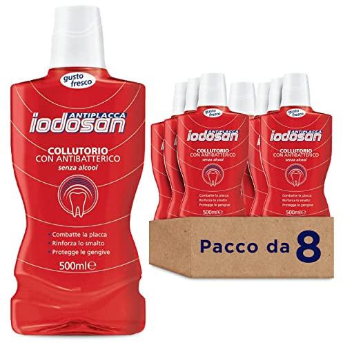 Iodosan Antiplacca, Collutorio con Antibatterico, combatte la Placca e protegge le Gengive, senza Alcool, Pacco da 8 x 500ml