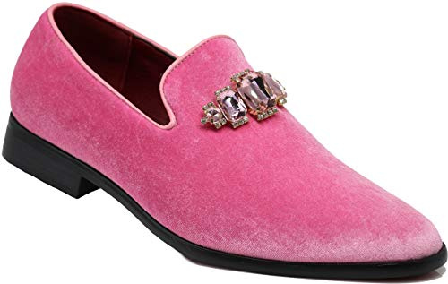 SPK32 Men's Vintage Plain Rhinestone Velvet Dress Loafers Slip On Shoes Classic Tuxedo Dress Shoes pink Size: 12