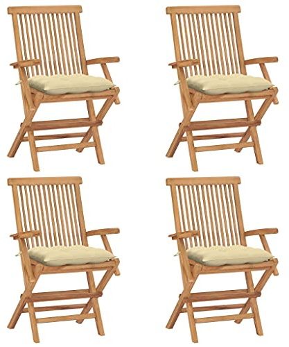 vidaXL Trädgårdsstolar med gräddvita dynor 4 st massiv teak