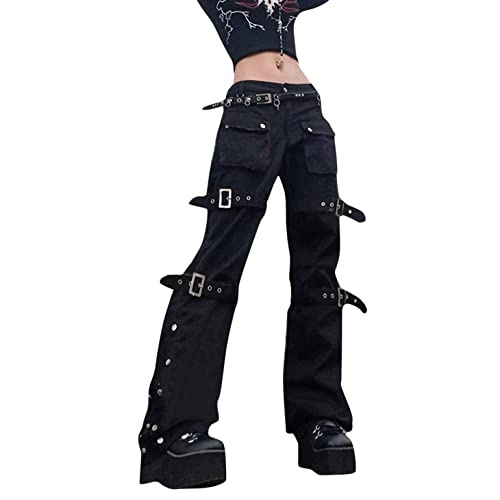 Gotiska byxor damcargo: pojkvän jeans kvinnor baggy jeans estetisk hög midja breda ben raka denim byxor byxor-grunge byxor punk byxor e-girl byxor med kedja hip hop-byxor, Z-svart, XXL