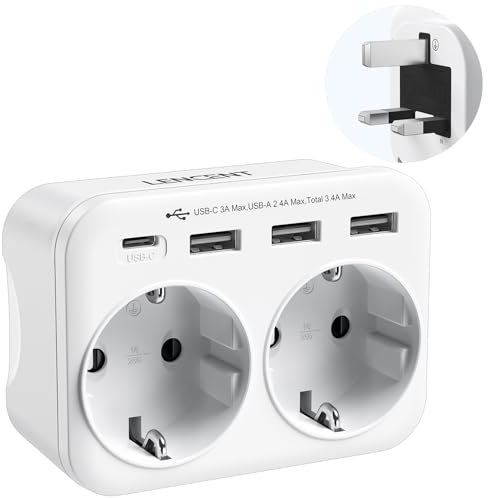 LENCENT Reiseadapter UK Deutschland Stecker, Typ G Netzadapter, Reisestecker mit 1 USB-C&3 USB-A Ports, Doppelte EU Schuko auf UK für England, Großbritannien, Schottland, Irland, Malediven Steckdosen